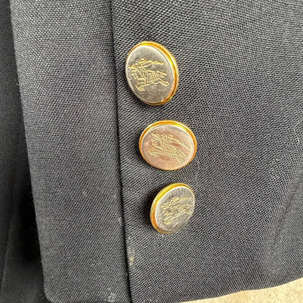 Vintage BURBERRYS Mens 44-46L Wool BLAZER Double Breasted NAVY BLUE Gold Buttons